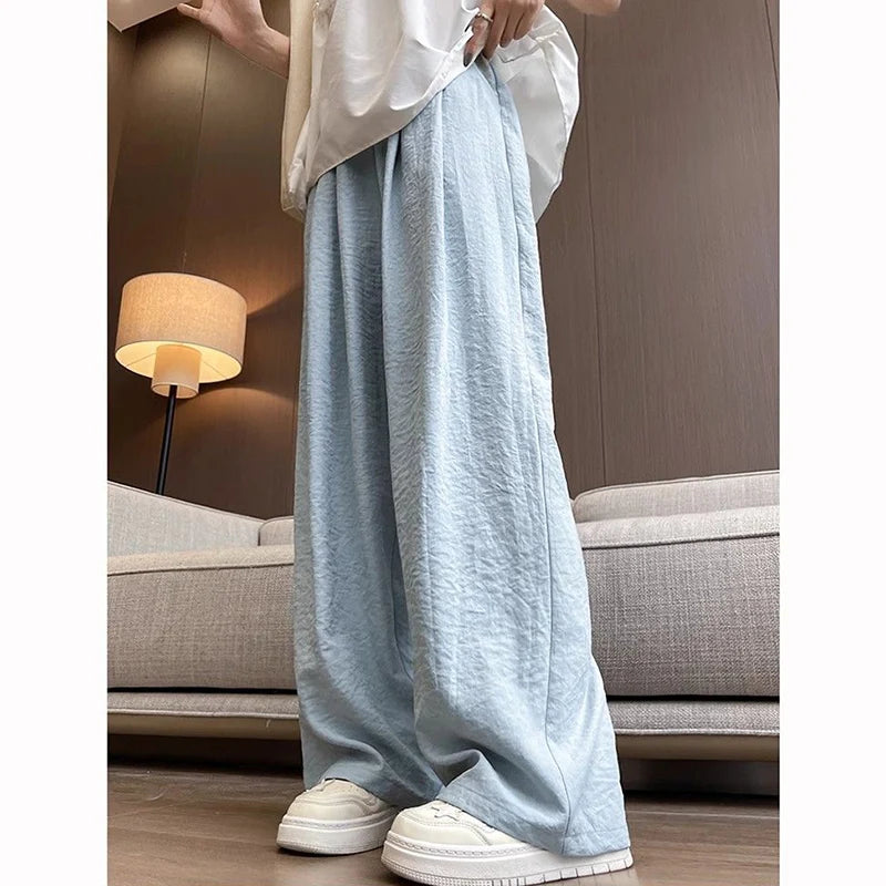 Female New Korean Baggy Wide Leg Pants Girls Solid High Waist Casual Trousers Lady Thin Comfortable Ice Silk Pants