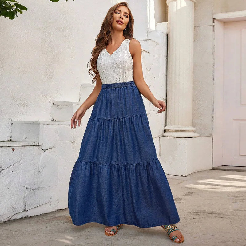 Women's Clothing New Denim Casual Long Skirt Korean Style Elastic Waist A Line Denim Skirt