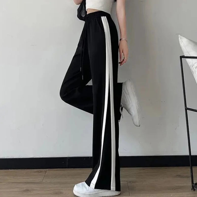 Women Chic Patchwork High Waist Pants Female Korean Drawstring Baggy Wide Leg Trousers Girls Fashion Casual Daily Pants