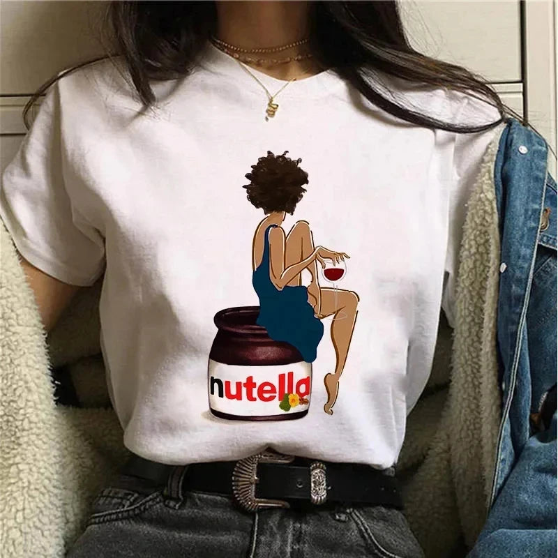Ladies' New Kawaii Fashion Nutella Fun Printed T-shirt Harajuku Women's Cute Cartoon Korean Top T-shirt Women's Clothing
