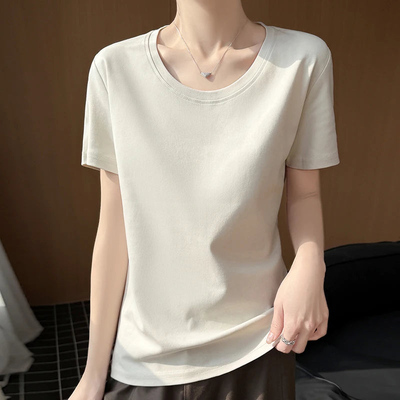 2026 new women's short sleeved O-neck 100% cotton knitted T-shirt breathable and cool Korean version hot selling T-shirt