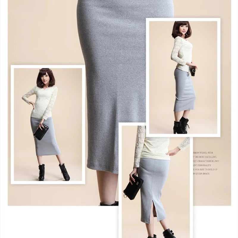 Winter Womens Skirt High Waist Stretch Pencil Long Split Front Slit A Line Casual Korean Style Elegant Black Pencil Skirt