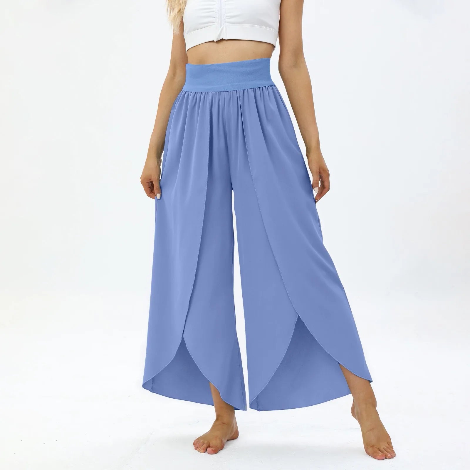 Ladies' Elastic Waist Solid Color Casual Irregular Trousers Fashion Korean Version High Waist Loose Wide Leg Long Pants