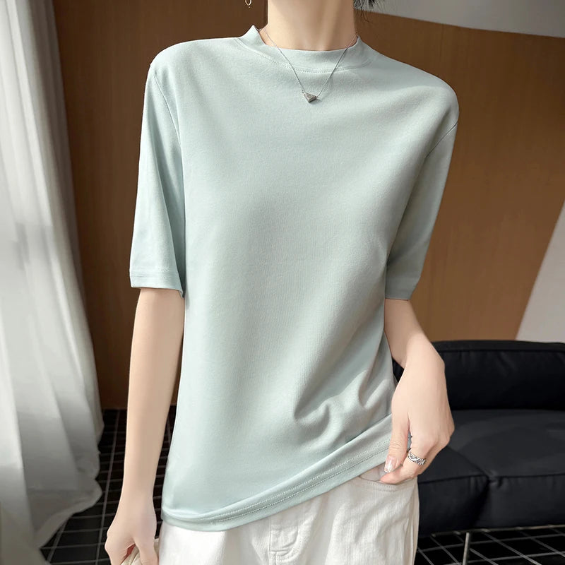 Women's Short Sleeve O-Neck T-Shirt 100% Cotton Knitted Breathable Cool Korean Style Hot Selling Summer Top