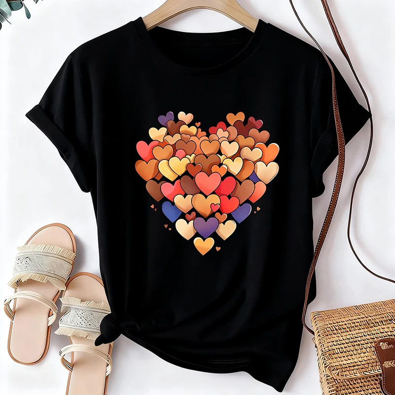 Women's Casual Short Sleeve Round Neck T-Shirt with A Heart Filled Print 90s Korean Style T Shirt Graphic Y2k Tshirt Clothes