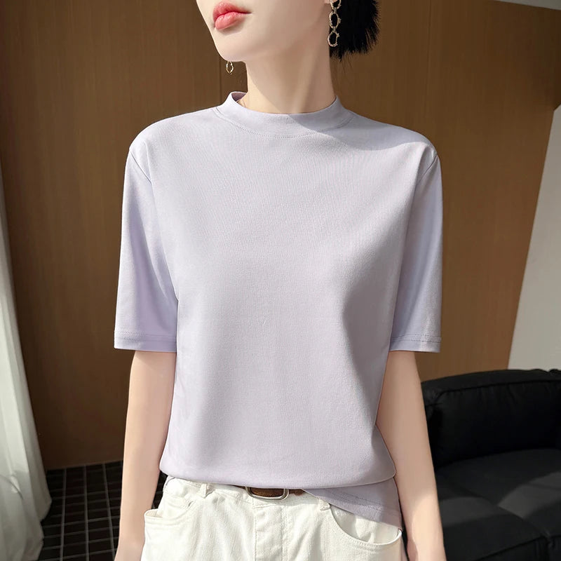 Women's Short Sleeve O-Neck T-Shirt 100% Cotton Knitted Breathable Cool Korean Style Hot Selling Summer Top