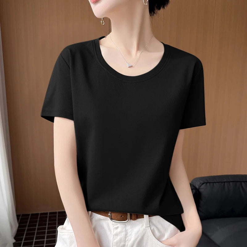 2026 new women's short sleeved O-neck 100% cotton knitted T-shirt breathable and cool Korean version hot selling T-shirt