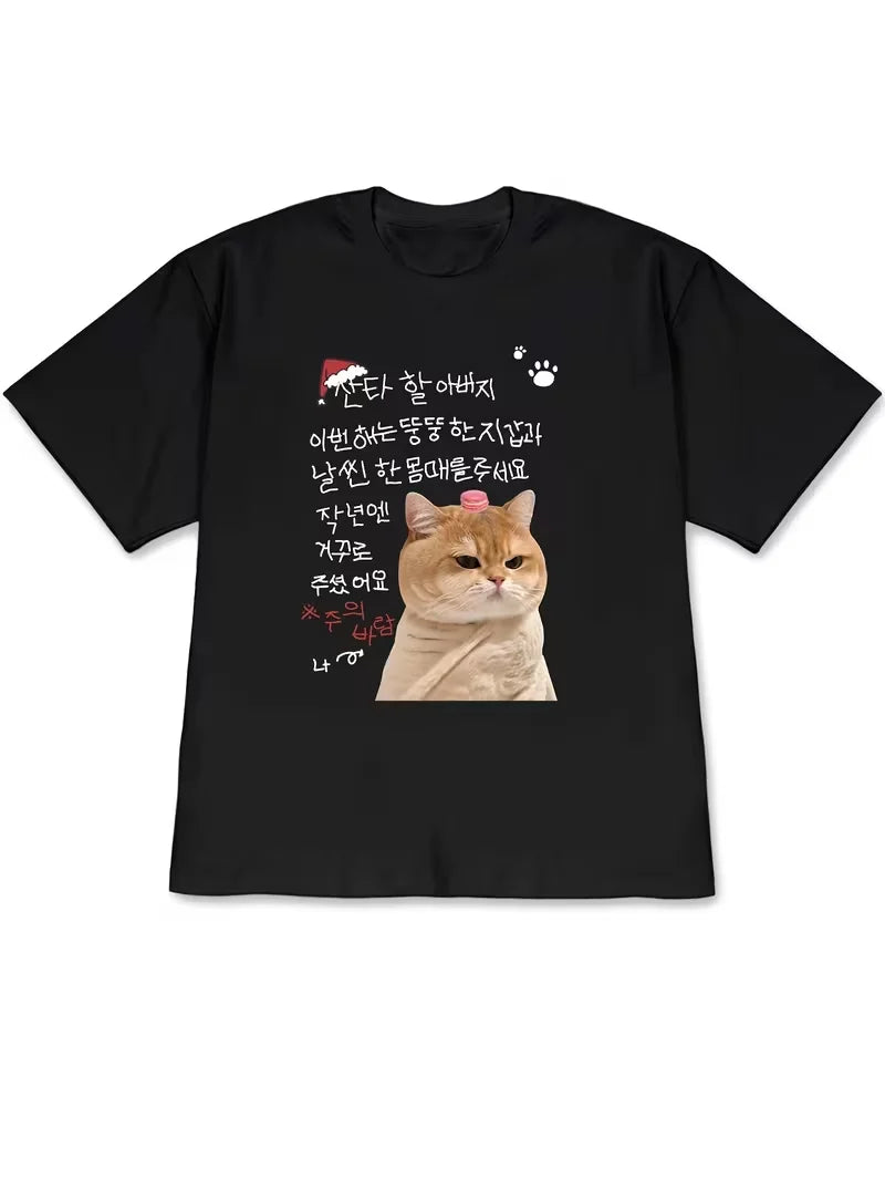 Women's T-shirt Fashion Ladies T-Shirts with Santa Hat and Korean Text Cute and Cozy Korean Style, Ideal for SpringSummer