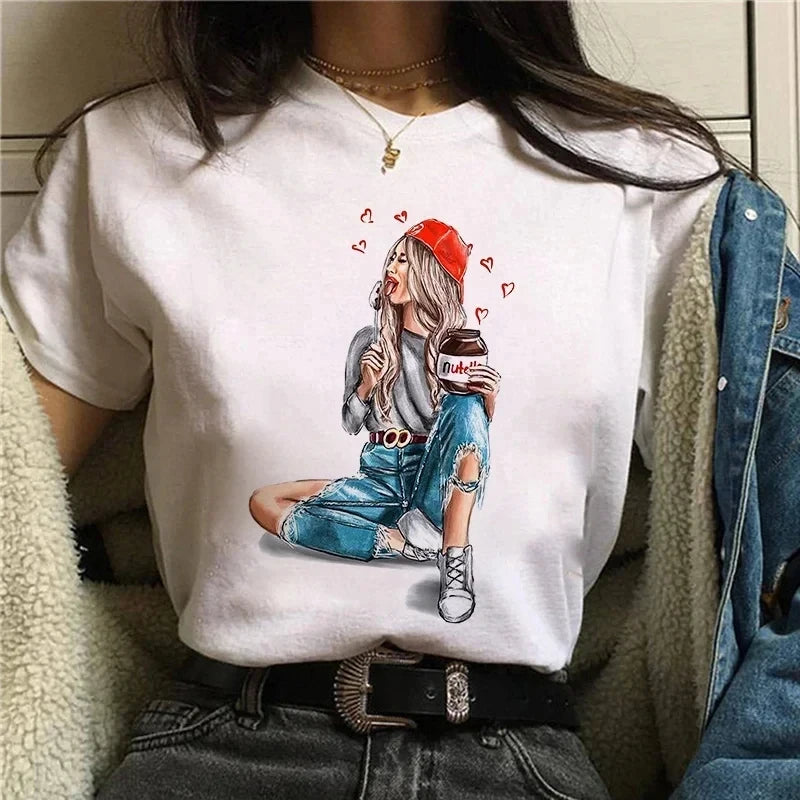 Ladies' New Kawaii Fashion Nutella Fun Printed T-shirt Harajuku Women's Cute Cartoon Korean Top T-shirt Women's Clothing