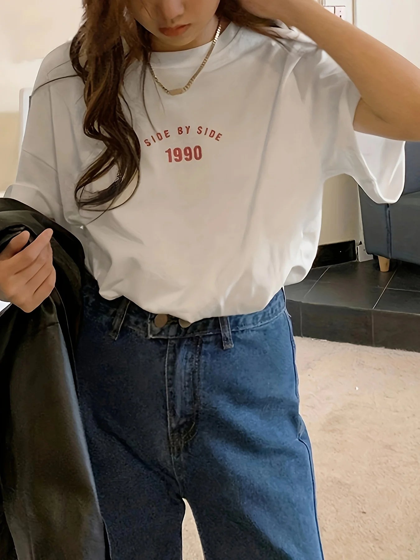 Korean Style 1990 Side By Side Letter Printed Female T-Shirt Summer Casual T Shirt Fashion Loose Streetwear Women Tops