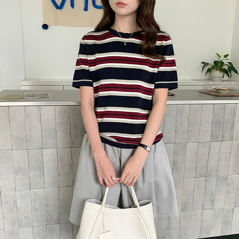 Women's Pure Cotton round Neck T-Shirt Summer Korean Style Loose Large Size Casual Short Sleeve Striped Top Base Blouse