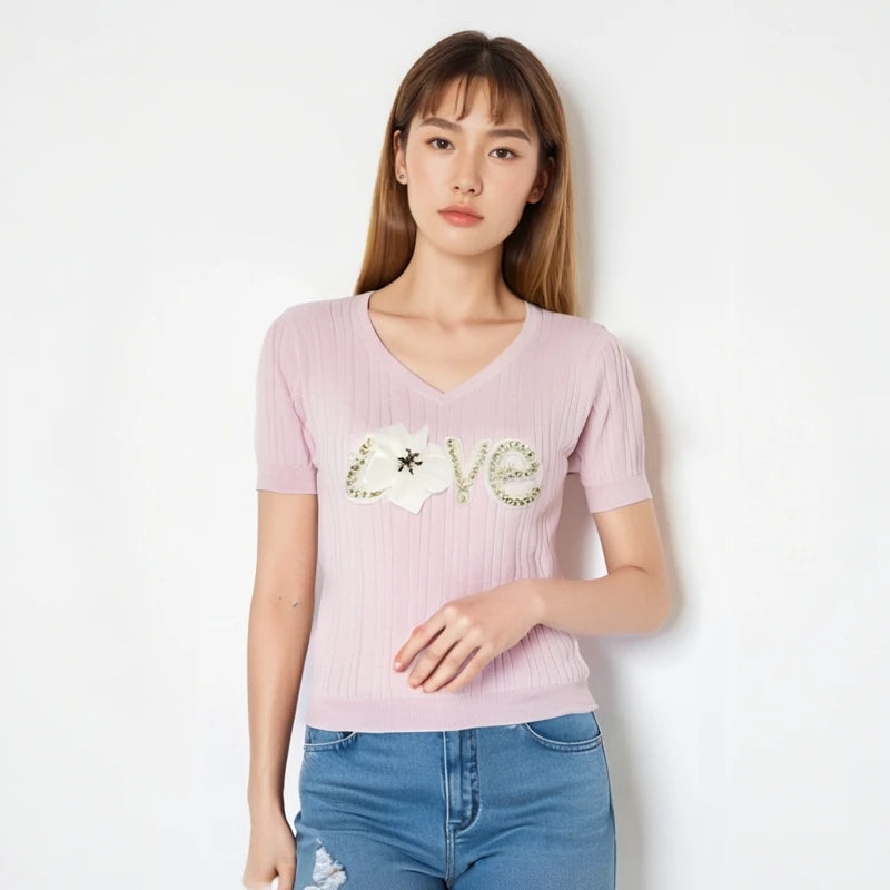 Knitted T-shirt for Women Summer Love Flower Embroidery Luxury Clothes Slim Tops Female Short Sleeve T-shirt Tee