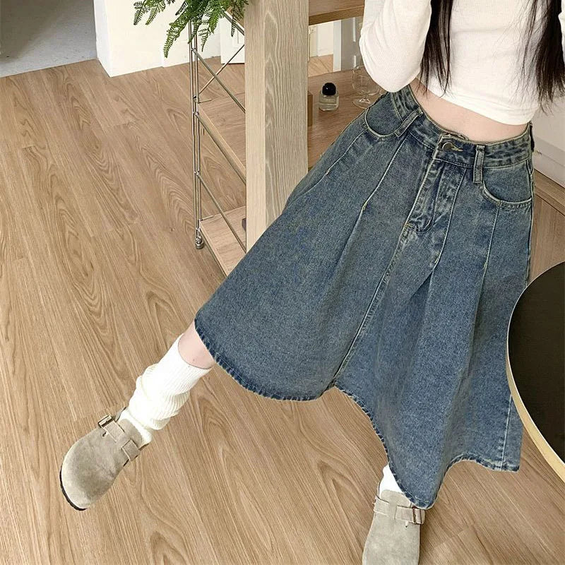 Summer Trendy Designer Lady High Waist Jeans Skirts Women Fashion Vintage Denim Skirts Girls Korean Casual Mid-Long Dress