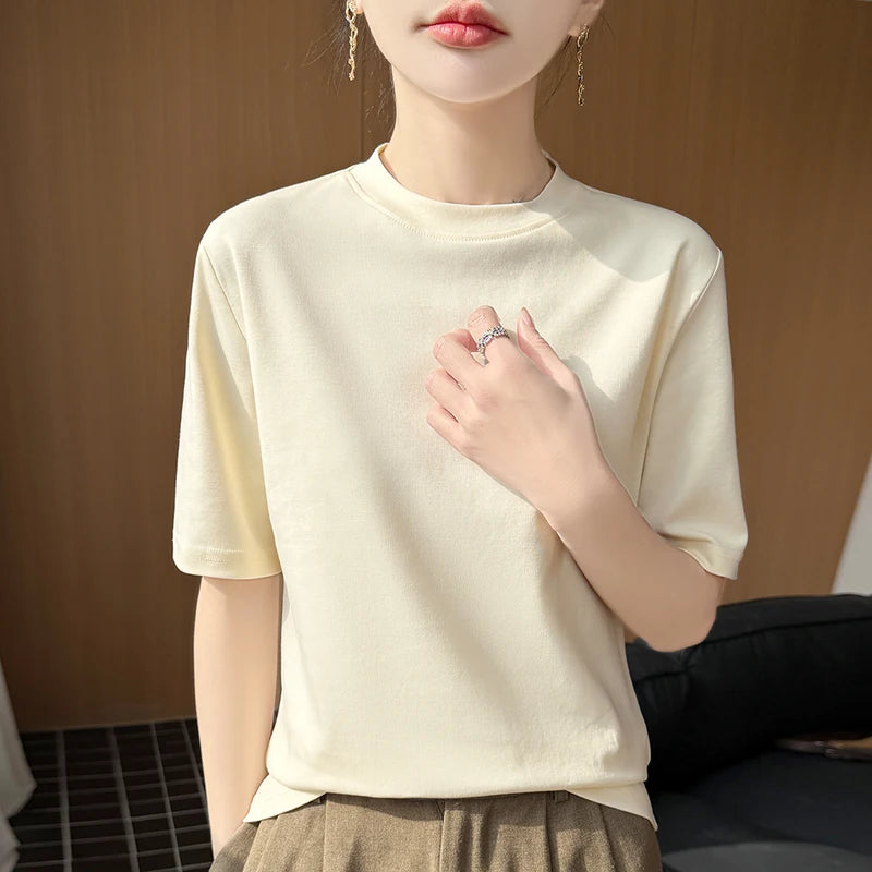 Women's Short Sleeve O-Neck T-Shirt 100% Cotton Knitted Breathable Cool Korean Style Hot Selling Summer Top
