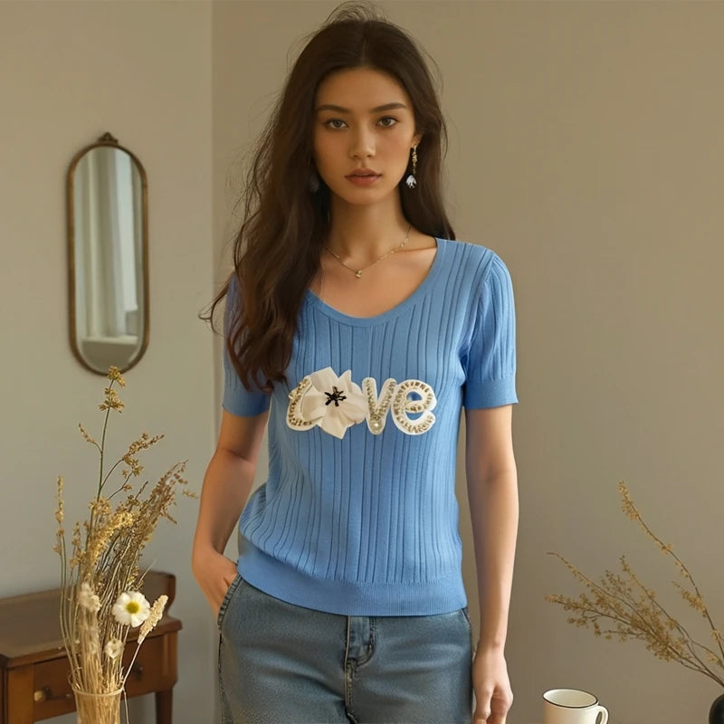 Knitted T-shirt for Women Summer Love Flower Embroidery Luxury Clothes Slim Tops Female Short Sleeve T-shirt Tee