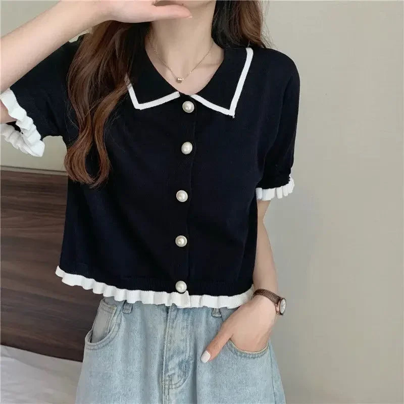 Women's Stylish Clothing Knitting Button Short Tops Tees Patchwork Striped Jacket Girls Y2k Clothing Korean Sweater Short Shirt