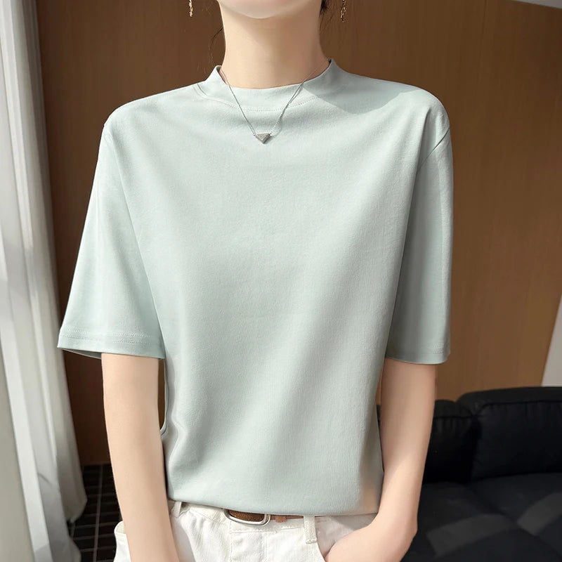 Women's Short Sleeve O-Neck T-Shirt 100% Cotton Knitted Breathable Cool Korean Style Hot Selling Summer Top