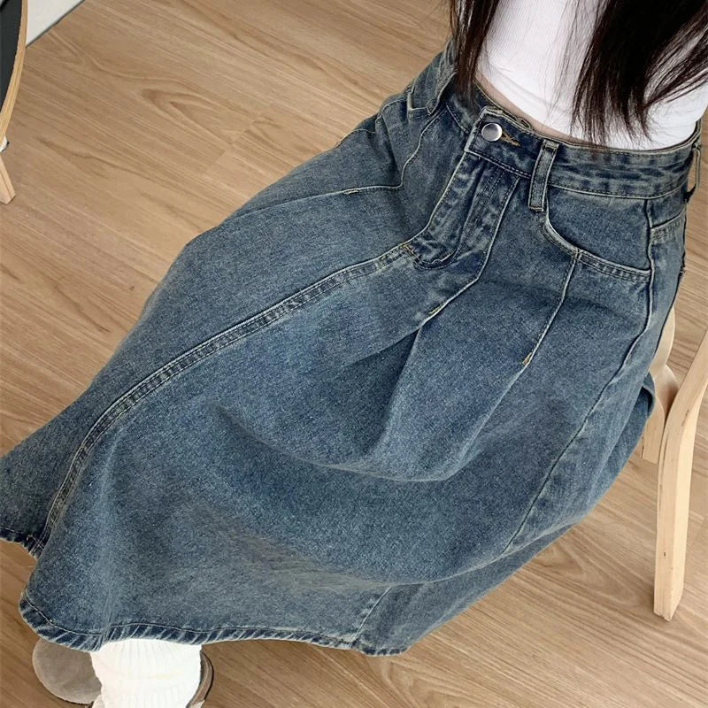 Summer Trendy Designer Lady High Waist Jeans Skirts Women Fashion Vintage Denim Skirts Girls Korean Casual Mid-Long Dress