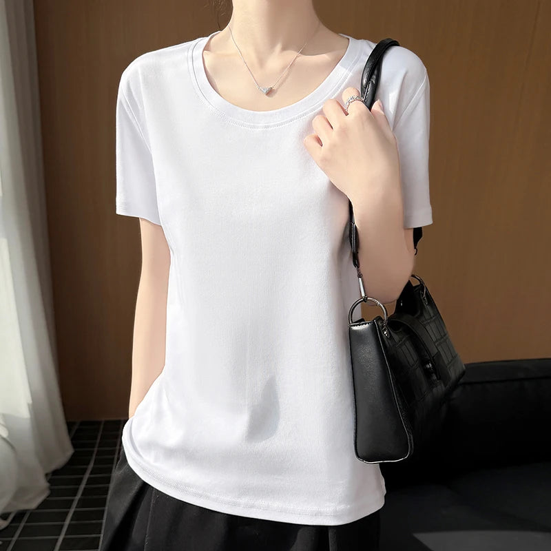 2026 new women's short sleeved O-neck 100% cotton knitted T-shirt breathable and cool Korean version hot selling T-shirt