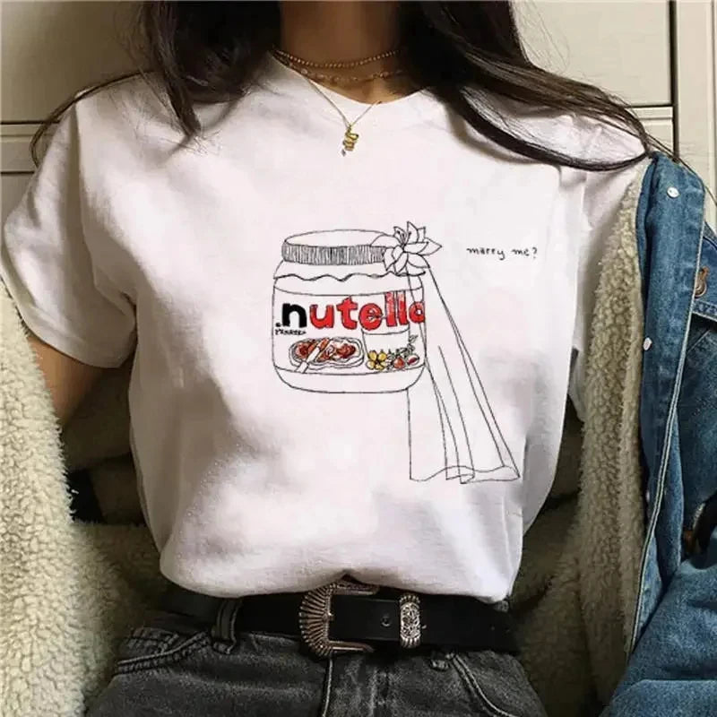 Ladies' New Kawaii Fashion Nutella Fun Printed T-shirt Harajuku Women's Cute Cartoon Korean Top T-shirt Women's Clothing