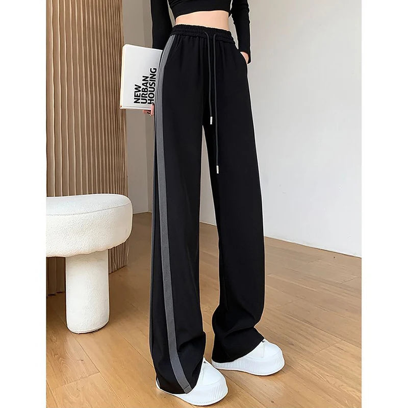 Women Chic Patchwork High Waist Pants Female Korean Drawstring Baggy Wide Leg Trousers Girls Fashion Casual Daily Pants