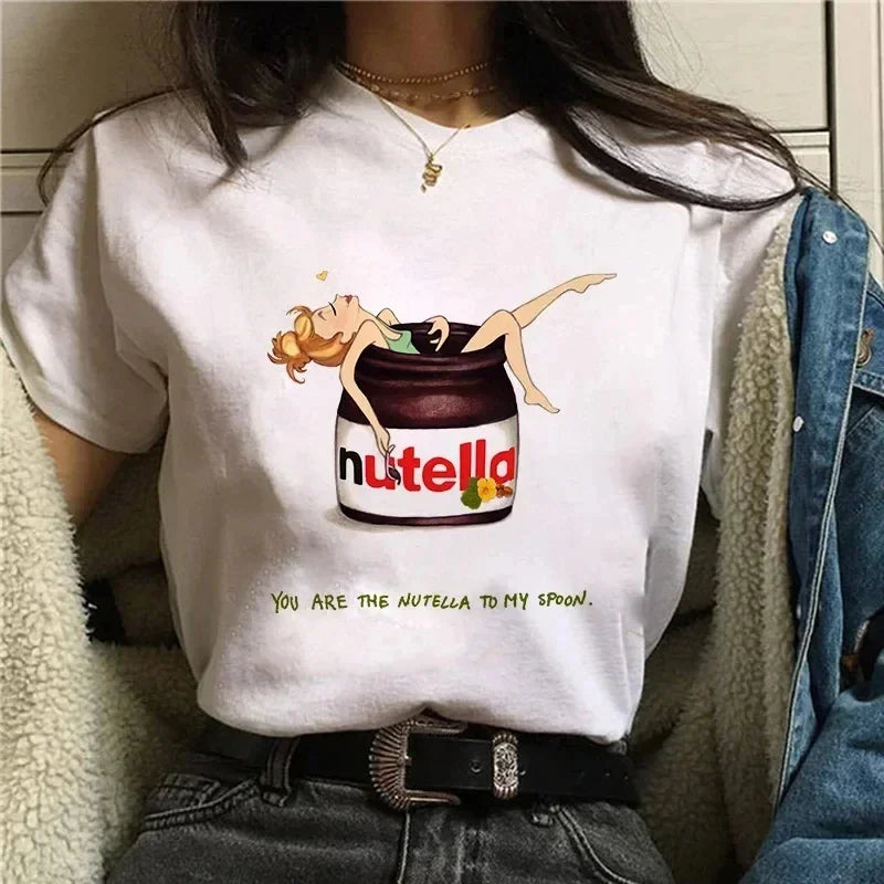 Ladies' New Kawaii Fashion Nutella Fun Printed T-shirt Harajuku Women's Cute Cartoon Korean Top T-shirt Women's Clothing
