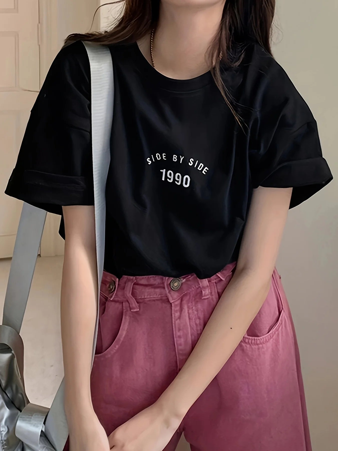 Korean Style 1990 Side By Side Letter Printed Female T-Shirt Summer Casual T Shirt Fashion Loose Streetwear Women Tops