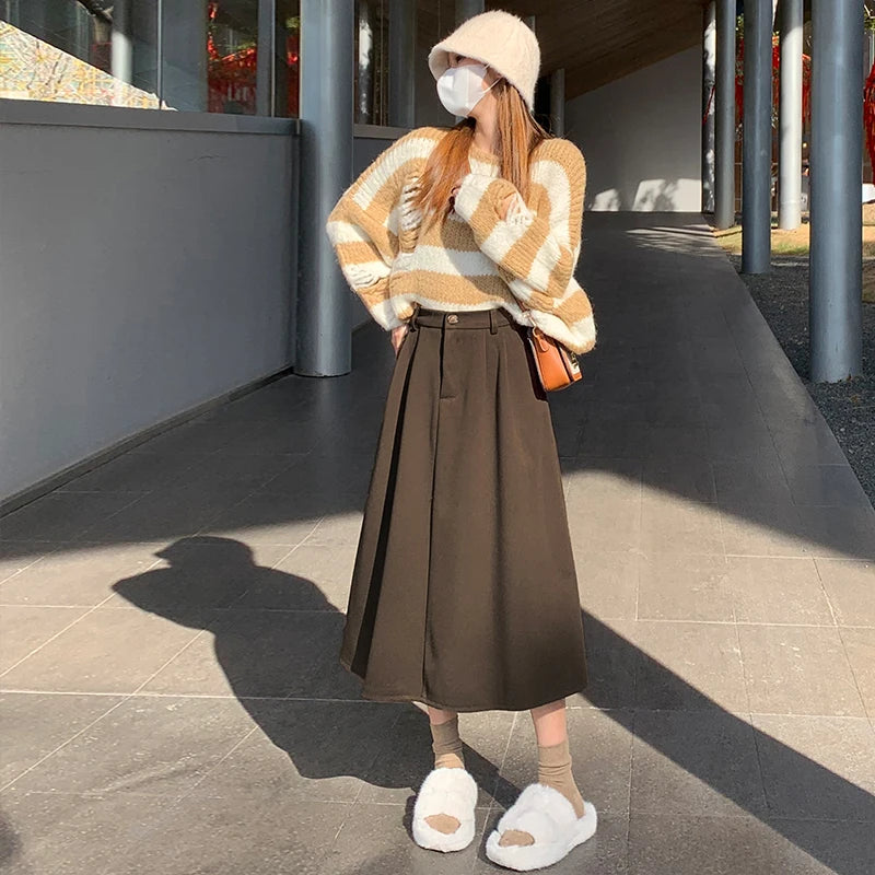 High Waist Woolen Skirt Women Long 2024 Autumn Winter Plus Size Women Clothing Elastic Waist A Line Brown Or Black Skirt Women